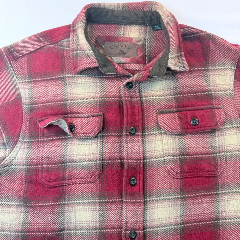 Orvis Mens Medium Heavyweight Flannel Shirt Red Plaid Thick Cotton Heavy